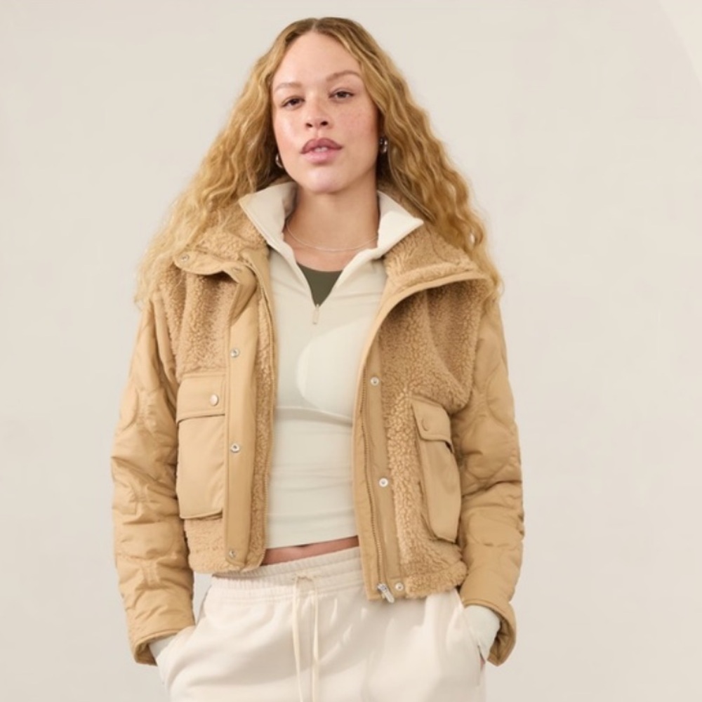 ATHLETA Tan Quilted Fleece Hybrid Sherpa Jacket - NEW - LARGE - Picture 2 of 13